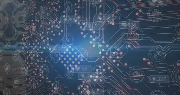 İşlemci soketi üzerine sosyal medya simgeleri. Küresel bağlantılar, veri işleme ve dijital arayüz konsepti dijital olarak oluşturulmuş resim.