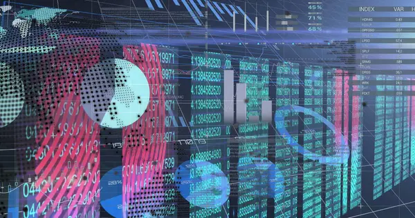 Mavi arkaplanda veri işleme resmi. küresel iş ve dijital arayüz kavramı dijital olarak oluşturulmuş görüntü.