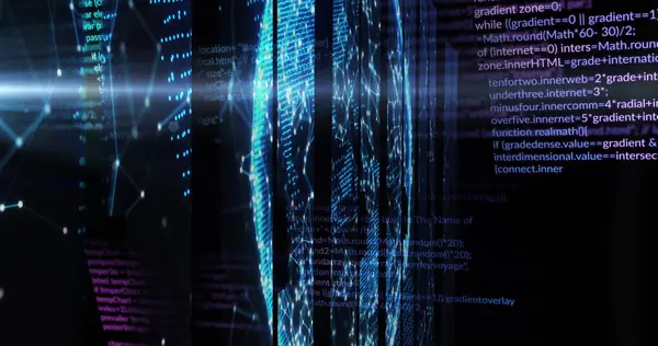 Siyah arkaplandaki veri işleme ve şekillerinin resmi. Küresel iş ve dijital arayüz kavramı dijital olarak oluşturulmuş görüntü.