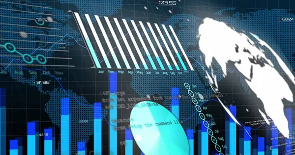 Dünya haritası ve dijital ekran üzerinde grafiklerin ve finansal verilerin resmi. Küresel iş, finans, ekonomi, ağ ve teknoloji konsepti dijital olarak oluşturulmuş görüntü.