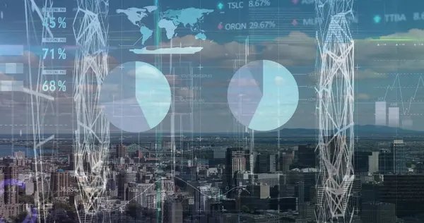 Şehir manzarası üzerinde finansal grafik ve veri işleme resmi. Küresel iş, finans, veri işleme ve dijital arayüz kavramı dijital olarak oluşturuldu.