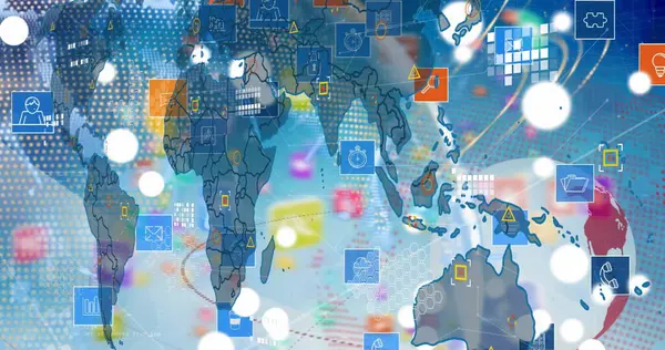 Küre görüntüsü, dünya haritası ve mavi arka planda teknik simgeler. Küresel ağ, veri işleme ve dijital olarak oluşturulmuş görüntü teknolojisi kavramı.