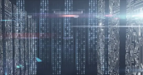 Veri işleme ve siyah arkaplanda ışık izleri. Küresel iş, bilgisayar ve dijital arayüz kavramı dijital olarak oluşturulmuş görüntü.