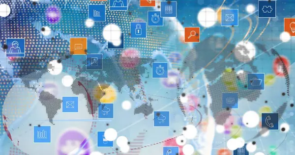 Küre görüntüsü, dünya haritası ve mavi arka planda teknik simgeler. Küresel ağ, veri işleme ve dijital olarak oluşturulmuş görüntü teknolojisi kavramı.