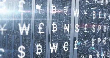 Para birimi sembolleri sunucu rafları önünde beliriyor, dönen girdaplar yükseliyor ve finans akışını gösteriyor. Teknoloji, veri, engelleme zinciri, finans, dijital, fütüristik, ağ