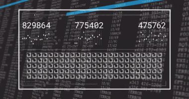 Panel açıldıktan sonra, mavi çubuk tarama kodu izlenirken sayısal grafikler gösterilir. Analizler, veri analizi, dijital arayüz, teknoloji, siber güvenlik, bilgi görselleştirme, fütüristik
