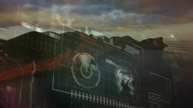 Dijital HUD kıyı şeridi üzerinde kayboluyor, harita ve harita dönüyor, fırtına verilerini aydınlatıyor. Gelecek, teknoloji, veri görselleştirme, hava, doğal manzara, fırtına, bilgi