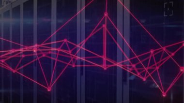 Başlangıçta kırmızı kablo ağ grafiği sunucu rafları üzerinde veri akışını gösteren dalga biçimini değiştirir. Teknoloji, siber güvenlik, dijital, veri, analitik, ağ, altyapı