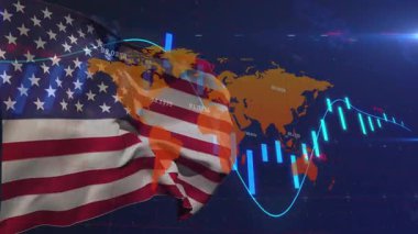 Mavi ızgara, Amerikan bayrağının açılışında soluyor ve pazar değişimlerini gösteren barlar sallıyor. Dijital, vatansever, finansal, veri, animasyon, analitik, teknoloji