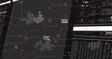 Boş UI çizgileri, kırmızı simgeler eklemeler, kod panellerini gösterme, şifreleme sinyalini canlandırma. Fütürist, teknoloji, siber güvenlik, dijital, parlak, soyut, veri