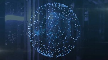 Sinyal gönderen konsol, veri düğümleri oluşturan holografik küre, dönen ve ağ akışını gösteren. Teknoloji, dijital, fütüristik, veri, görselleştirme, yenilik, ağ