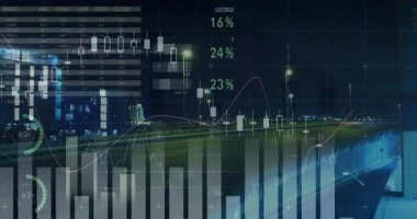 Işık yollarıyla açılmak, yükselen, azalan, dönen ve piyasa verilerini görselleştiren finansal tablolar. Kentsel, geleceksel, veri, analitik, teknoloji, görselleştirme, dijital