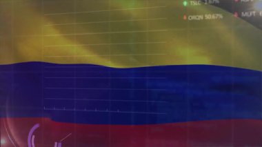 Kolombiya bayrağı sallamak, solma şebekesi, animasyon çizgileri ve bar çizelgeleri, dönen halkalar kalp pillerini güncelliyor. Vatanseverlik, veri görselleştirme, dijital arayüz, finansal büyüme, iş analizleri, teknoloji, dinamik