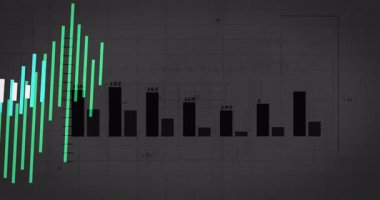 Koyu gri düzlemin yeşil mavi sarı çizgileri oluşturmasından sonra sağa kayarak veri eğilimlerini görselleştirdi. Soyut, veri görselleştirme, hareket grafikleri, bilgi, dijital tasarım, fütüristik, teknolojik