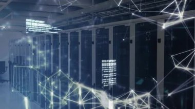 Kamera sabit duruyor. Ağ örgüsü rafların ve kod kümeleme verilerinin üzerinde beliriyor. Teknoloji, siber güvenlik, dijital, altyapı, fütüristik, bağlantı, veri