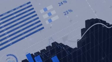 Koyu mavi 3D çubuklar yükseliyor ve gösterge paneli veri canlandırmasını canlandırırken veri tablosu kayıyor. Analizler, görselleştirme, gösterge paneli, bilgi grafikleri, veri, teknoloji, dijital