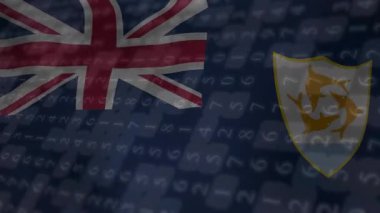 Sanal esinti Anguilla bayrağının dalgalanmasına neden olurken rakamlar ve kod yayımı, görselleştirme matrisi. Dijital, vatansever, dinamik, fütürist, sürükleyici, teknolojik, hareket