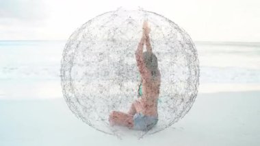 Kumsalda kollarını kaldıran bir kadın, ağ küresini başlatıyor iki halkaya bölünüp yoga sağlığı çerçevesi oluşturuyor. Minimalist, dinginlik, dijital alarm, refah, rahatlama, soyut, uyum