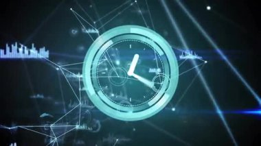 Merkezi saat UI halkası görünüp genişliyor. Ellerin kaymasına ve ağ verilerini görselleştirmesine neden oluyor. Fütürist, dijital, neon, teknoloji, görselleştirme, soyut, yenilik