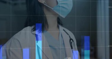 Şebeke görünmesi, doktor maskesinin ayarlanması ve uyması etrafında parmaklıkların yükselmesine ve çizgi grafiğinin büyümesine neden oluyor. Tıbbi, teknoloji, veri, analitik, sağlık, fütürizm, profesyonel