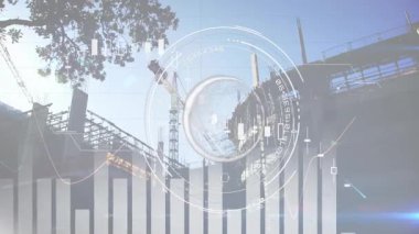 HUD başlatılan açılış sitesi canlandırma çubuklarını, şamdanları, veri izleme için dönen halkaları kaplıyor. İnşaat, teknoloji, veri, ilerleme, analitik, sanayi ve izleme