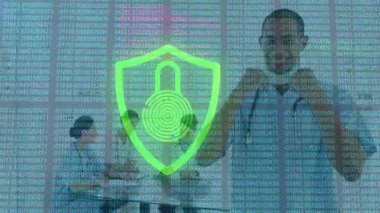Akış kodu titreşim kalkanı veri güvenliğini işaret eden parmak izi kilitlenmesini gösteriyor. Siber güvenlik, koruma, teknoloji, sağlık, dijital, yenilik, güvenlik