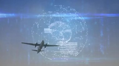 Alacakaranlık bankasında uçan çift motorlu uçakta hologram dünya teknoloji sinerjisine doğru dönüyor. Havacılık, teknoloji, yenilik, fütüristik, veri, küresel, uzay