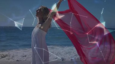 Esinti olarak atkısını kumsala uzatan bir kadın teknolojinin dünyayı kaplamasını sağlıyor. Deniz manzarası, yenilik, fütürizm, zarafet, dinginlik, dijital sanat, çevre