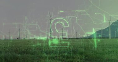 Neon-yeşil şebeke türbinler üzerinde titreşiyor pound işareti oluşturarak finans ağı için devreler oluşturuyor. Gelecek, yenilik, teknoloji, sürdürülebilirlik, bağlantı, finans, dijital