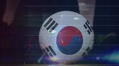 Kore futbol topunda dijital örtüşmeler, oyuncu dürtülmesi, istatistikleri gösteren veri kaydırmaları. Spor, analitik, teknoloji, görselleştirme, fitness, yenilik, hareket