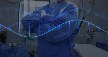 Ameliyathane masasında cerrah sıkılaştırma eldivenleri, çift sarmallı animasyon hazırlıkları hazır duruma getiriyor. Tıbbi, sağlık, bilim, yenilik, teknoloji, profesyonel, klinik