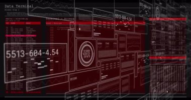 Kablo panellerini tarayan çubuk taraması kimlik güncellemelerini başlatıyor ve veri akışını gösteren gösterge döngüsünü başlatıyor. Gelecek, teknoloji, siber güvenlik, animasyon, dijital, analitik, sanal