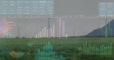 Türbinlerin üzerinde görünen veri ızgarası yükselen histogram titreşimli çizgi grafikleri birleştiriyor. Yenilenebilir enerji, sürdürülebilirlik, bilgi, teknoloji, çevre, gelecekçilik, manzara