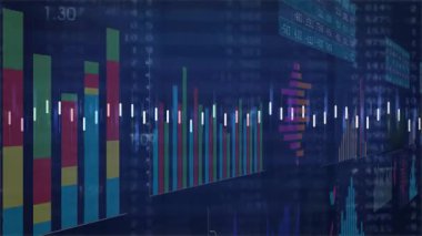 Koyu mavi arkaplan çubukları başlatılıyor. Dalgaboyu oluşturan nabız çizgisi grafiği. İç görü için takip eğilimleri. Dijital, analitik, görselleştirme, grafik, veri, gösterge paneli, modern