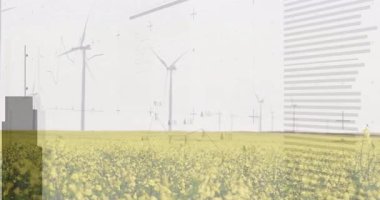 Türbin simgelerinin belirdiği işaretlerde enerji eğilimlerini gösteren hareket çubukları yükseliyor ve çizgi süpürülüyor. Yenilenebilir, sürdürülebilir, infografik, endüstriyel, tarım, çevresel, geleceksel