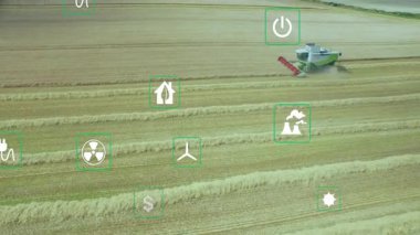hasat başlatan, sol dilimleyen buğdayı birleştiren, çevresel verileri gösteren simgeler sürüklenen. Tarım, sürdürülebilirlik, hassas tarım, çevre dostu, yenilenebilir enerji, yenilik, hava görüşü