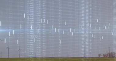 Rüzgar türbinlerinin dijital grafiğinde azalma, enerji eğilimlerini gösteren çubuklar yükselip alçalıyor. Gelecekçi, yenilenebilir, teknoloji, analitik, sürdürülebilirlik, manzara, veri görselleştirme