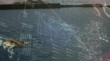 Kadın yüzünü siliyor sonra da gölün etrafında serbest bırakarak sanal UI izleme cihazları yerleştiriyor. Fitness, aquatic, technology, morning, iç gözlem, jest, innovasyon