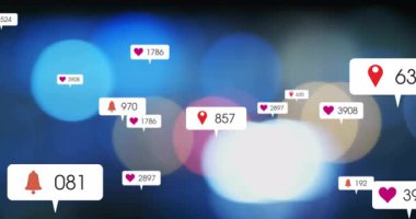 Pin ve kalp güncellemesinden çıkan uyarı baloncukları çarpışmayı gösterirken kayboluyor. Dijital ölçüler, bağlılık, kullanıcı etkileşimi, dinamik görseller, soyut arkaplan, akış, sosyal etkinlik