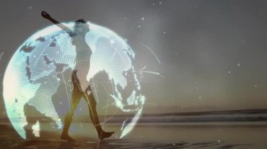 Kadın kıyıya adım atıyor ve bağlantı gösteren ışık kozasıyla dijital küre oluşturuyor. Gelecek, bağlantı, teknoloji, yenilik, dinginlik, dijital alarm, kavramsal