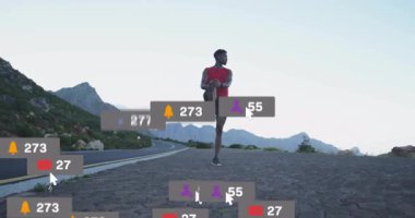 Erkek sporcu, dağlara tırmanırken kaslarını esnetiyor sosyal medya sayıları artıyor ve yerleşiyor. Spor, açık hava, minimalizm, motivasyon, sağlık, dijital, macera