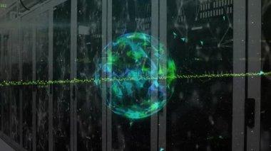 Statik kamera, dönen hologramı başlatıyor. Parçaları birleştirerek veri dalgaları oluşturuyor. Fütürist, teknoloji, dijital, yenilik, sibernetik, sürükleyici, yüksek teknoloji