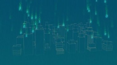 Belirsiz bir kablo şebekesi ortaya çıkıyor ve veri akışını görselleştirirken ikili rakamlar elde ediliyor. Fütürist, dijital, teknoloji, şematik, neon, veri, siber