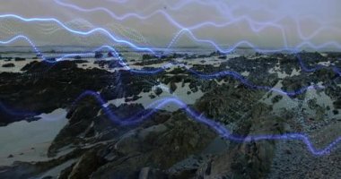 Başlangıçta mavi dalgalar kayalık kıyı şeridinde dalgalanarak dinamik görselleştirme için yer değiştiriyor. Gradyan, soyut, teknoloji, okyanus, doğa, görselleştirme, dijital