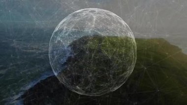 Gelişen kablo küresi çizgileri yoğunlaştırıyor ve uçurumun üzerinde titreşen düğümler bağlantıyı görselleştiriyor. Fütüristik, dijital, teknoloji, soyutlama, yenilik, bağlantı, ağ