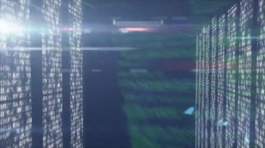 Açılış koridoru, kod sütunları kayıyor, C-stili blok ortaya çıkan grup tahsisi. Dijital, geleceksel, siber, soyut, teknoloji, matris, sanal