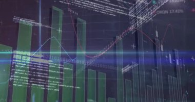 3D grafiğin açılması, çubukların kayması ve veri animasyonu, merceğin yanıp sönen titreşim gösterme eğilimleri. Finansal, analitik, fütüristik, teknoloji, dijital, veri, yatırım