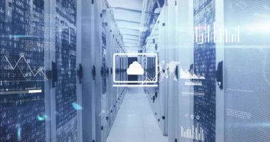 Koridorda beliren bulut büyüyen grafiklerle veri akışını başlatıyor. Titreşiyor ve soluklaşıyor. Teknoloji, veri, analitik, dijital, altyapı, görselleştirme, ağ