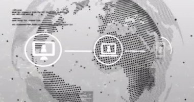Küresel veri akışını görselleştirmeye bağlı dönen küresel başlangıç monitörü, dizüstü bilgisayar, akıllı telefon simgeleri. Teknoloji, dijital, bağlantı, ağ, küresel, siber, veri
