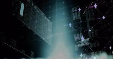 Parlayan ön panel, kaydırma çubuk grafiği ve ağ ölçümlerini canlandırıyor ve canlandırıyor. Veri, görselleştirme, analiz, arayüz, teknoloji, dijital, fütüristik